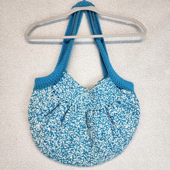 Crochet Market Bag Blue White Floral Detail Two Handle Handmade Boho Hippie - Picture 3 of 10